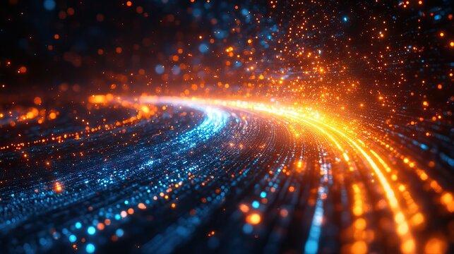 Futuristic abstract digital technology represents networking, optics, speed, blockchain, and data centers, with light energy and neurons symbolizing machine learning, AI
