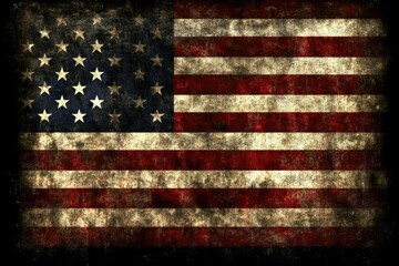 Close-up detail of a heavily worn and stained American flag.