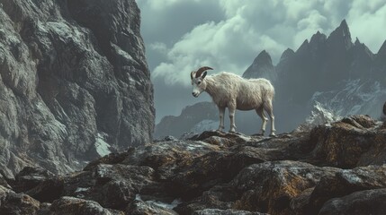 Majestic wild mountain goat standing on rocky terrain amidst dramatic mountain landscape under cloudy skies