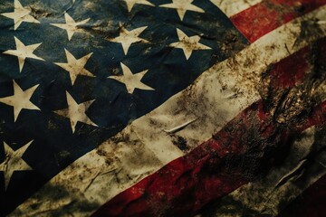 Fototapeta premium Close-up detail of a heavily worn and stained American flag.
