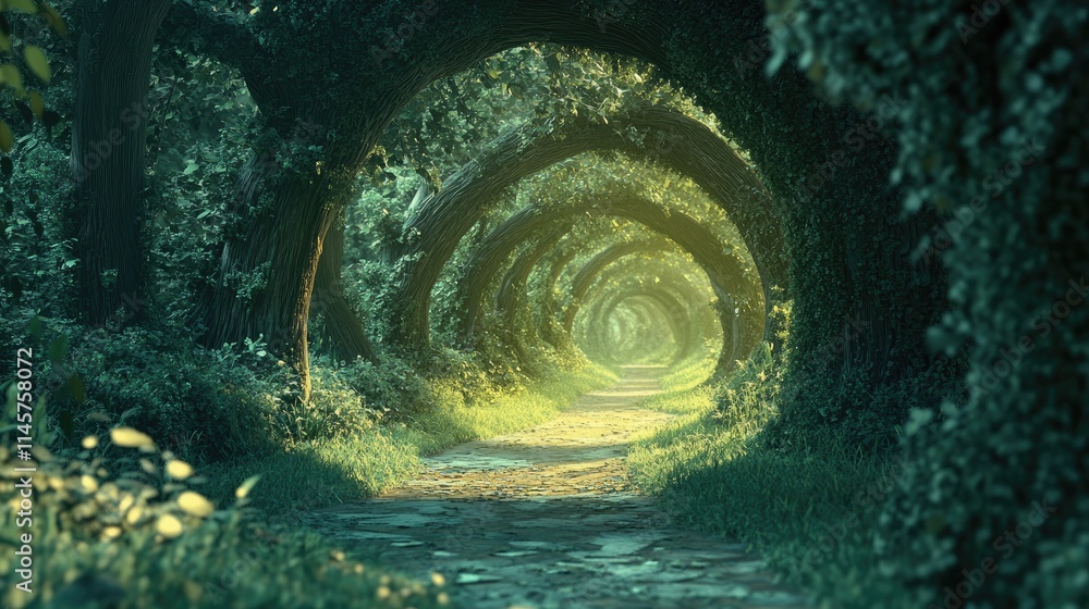 Poster mystical forest path with lush greenery creating an enchanting tree tunnel inviting exploration and 