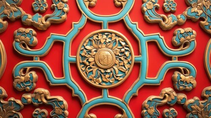 Intricate Oriental ornament design featuring vibrant colors and detailed floral motifs on a contrasting red background