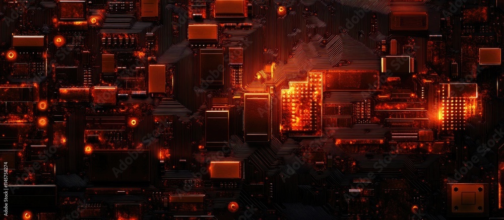 Poster abstract electronic circuit board texture in dark orange hues showcasing technology and design eleme