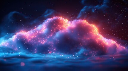 Futuristic cloud computing with particles of big data symbolizes connection, sound waves, abstract texture, information technology, software innovation, coding, and digital design.