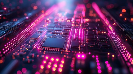 Obraz premium Futuristic hardware and circuit in a computer with a server symbolize cloud computing, cybersecurity, fast connection, IT innovation, neon technology, and motherboard system.