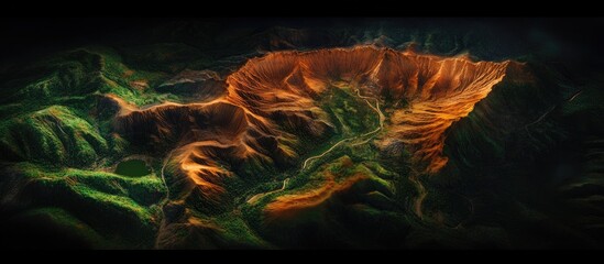 Fictional satellite mapping concept showcasing a detailed aerial view of mountainous terrain and land parcels for geodetic analysis and measurements.