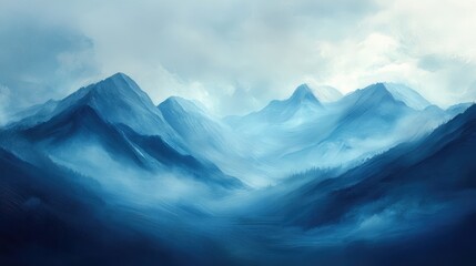 Fototapeta premium Serene Blue Misty Mountainscape in the Coast Mountains of British Columbia with layers of fog and ethereal natural beauty.