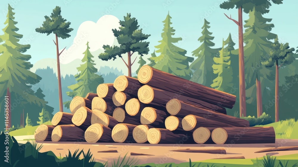 Poster felled timber logs stacked in a lush pine forest representing sustainable lumber practices and refor