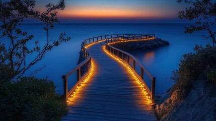 Fototapeta premium Serene walkway by the ocean at twilight.