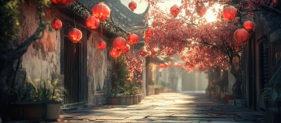 Tranquil alleyway illuminated by red lanterns surrounded by blooming cherry blossom trees in a serene, picturesque setting.