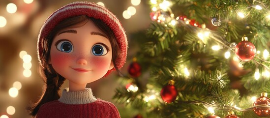 Christmas girl toy decoration with cheerful expression and illuminated fir tree adorned with garland lights creating a festive atmosphere