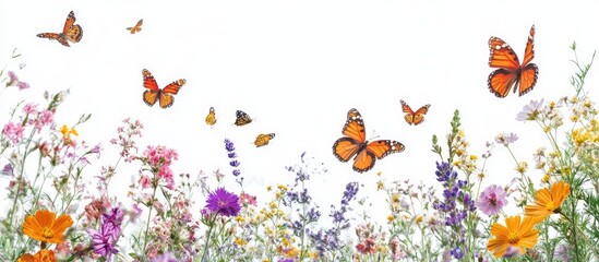 Colorful wildflowers and butterflies in flight creating a vibrant round frame pattern representing summertime and nature's diversity on white background