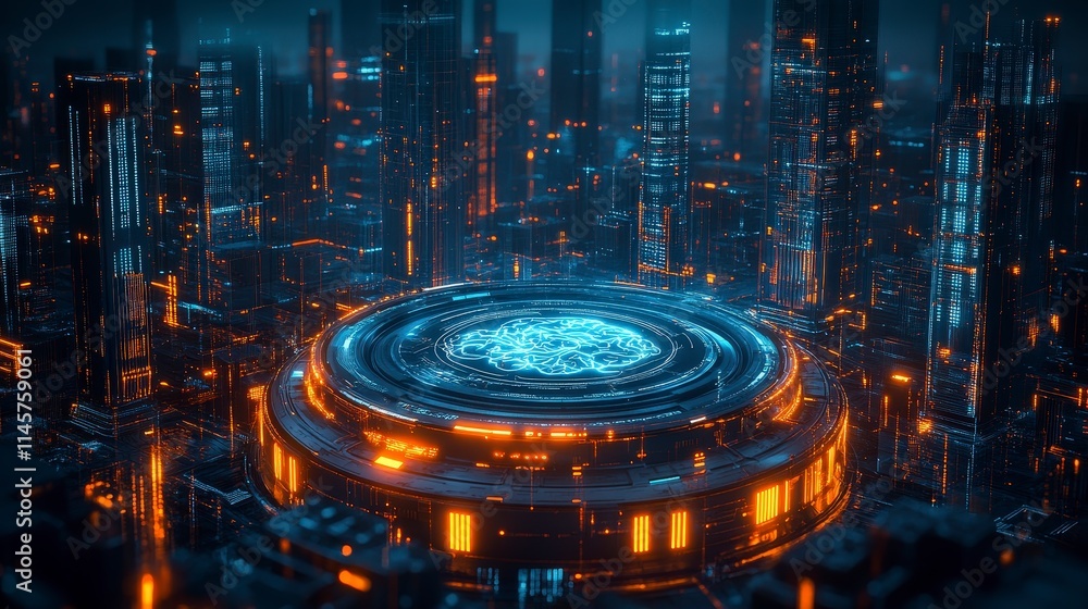 Poster a futuristic cityscape with glowing neon lines and a central circular platform displaying a holograp