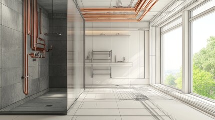 Shower renovation showcasing exposed copper pipes and modern interior design concept for home improvement and tradesman expertise