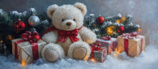 Teddy Bear Surrounded by Christmas Gifts and Decor in a Winter Wonderland Setting