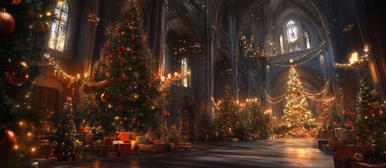Naklejka premium Festive cathedral interior adorned with Christmas trees and decorations creating a joyful New Year celebration atmosphere