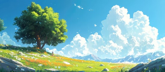 serene landscape with vibrant green grass and fluffy white clouds under a clear blue sky showcasing a peaceful natural setting