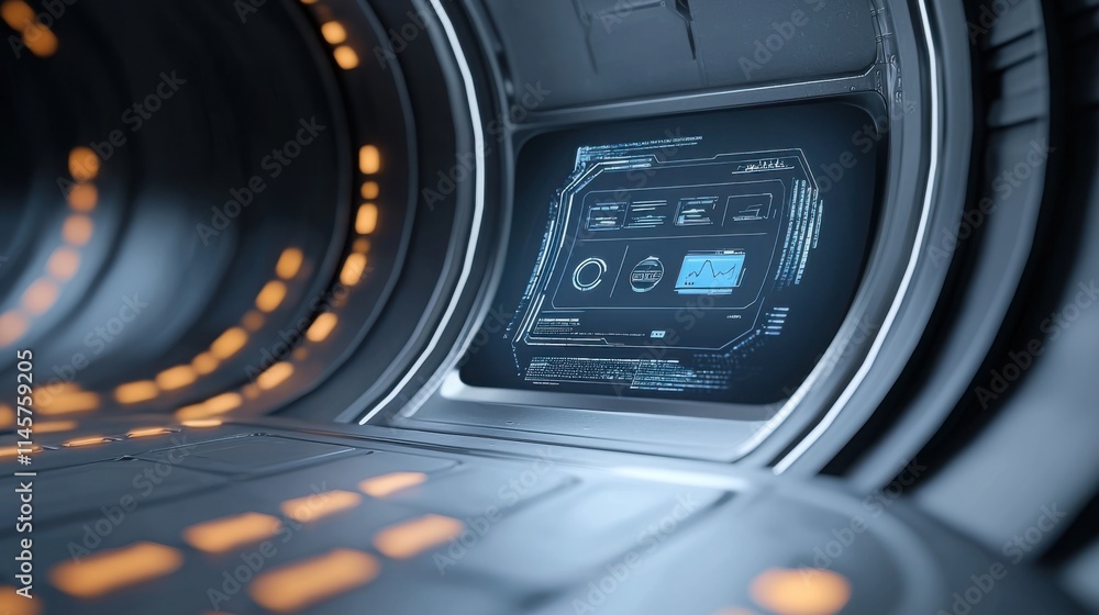 Poster a realistic holographic interface with floating digital panels and glowing icons