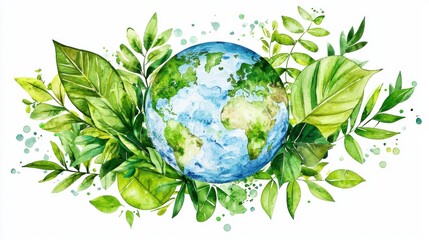 A vibrant illustration of Earth surrounded by lush green leaves, symbolizing nature and environmental awareness.