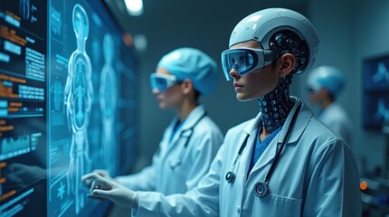Advanced Medical Technology: Doctor Utilizing AI and Robots for Patient Care
