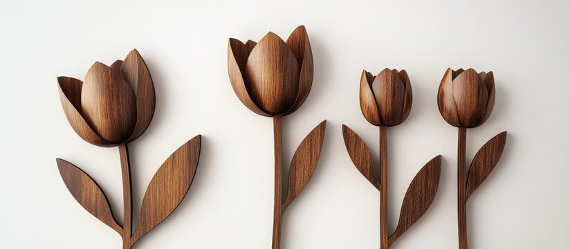 Wooden tulip decoration poster template with natural design elements on a clean white backdrop for spring and floral themes.