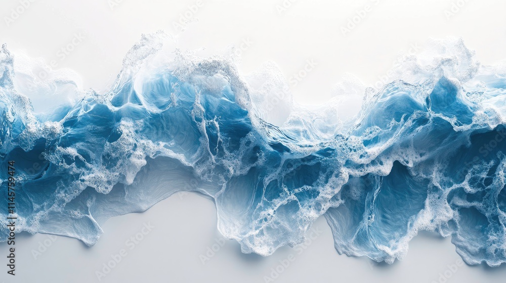 Poster closeup of intricate blue water waves creating a dynamic texture on a clean white background for art