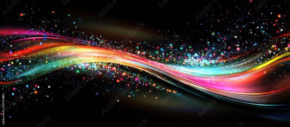 Poster colorful abstract festive background with sparkling lights and swirling waves on a dark backdrop ide
