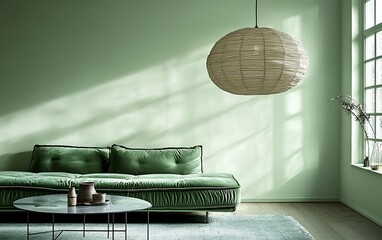 Sunlit living room with green sofa, round pendant lamp, and coffee table.