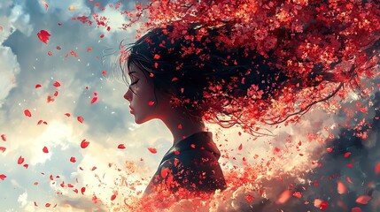 Graphic anime of a woman with a tree creates an illustration for wallpaper, representing painting, creative design, hanami, and a thinking female person with peace.