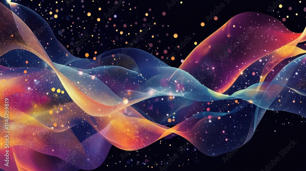 Poster vibrant abstract wave patterns with sparkling lights representing futuristic themes and celebration 