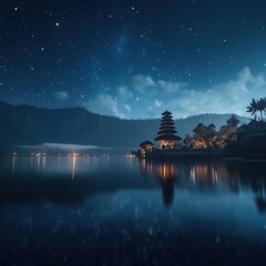 Fototapeta premium Night Sky Temple Lake Reflections Starry Scene