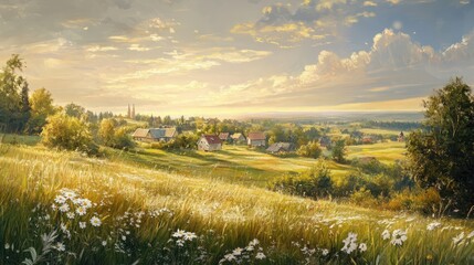 Obraz premium Idyllic meadows landscape featuring a quaint village under a bright sunny sky with fluffy clouds and vibrant greenery.