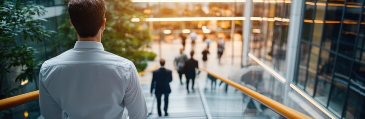 Business Professional Walking Down Stairs in Modern Office Setting