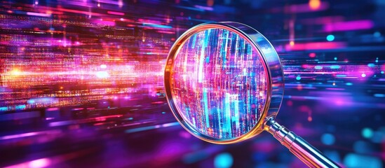 Magnifying glass focusing on digital data streams symbolizing technology marketing and online market research for business insights.