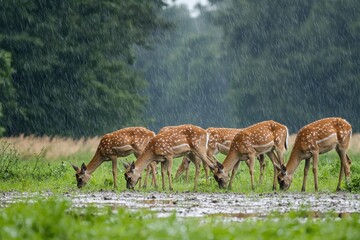 A serene scene of deer grazing in the rain, surrounded by lush greenery and a tranquil atmosphere.