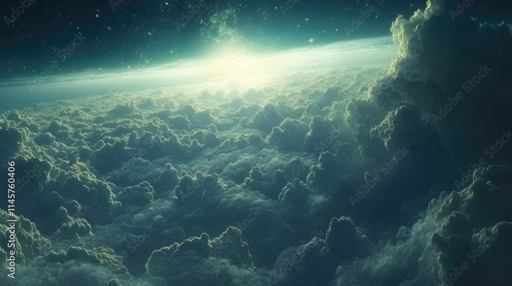 Poster vast ethereal sky with soft clouds illuminated by gentle sunlight creating a serene atmospheric back
