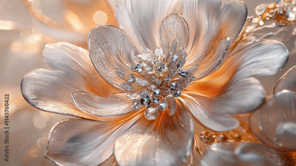Poster elegant macro close-up of a shimmering flower with intricate details and soft warm tones perfect for
