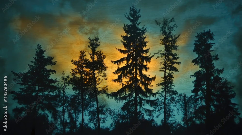 Poster silhouette of diverse trees against a colorful twilight sky creating a serene and tranquil nature sc