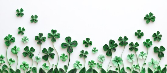 Fototapeta premium Quilled paper clovers creating a vibrant DIY greeting card design on a white background perfect for spring celebrations and joyful occasions