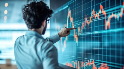 A man analyzes data on a digital screen, pointing at fluctuating stock market graphs in a modern office environment.