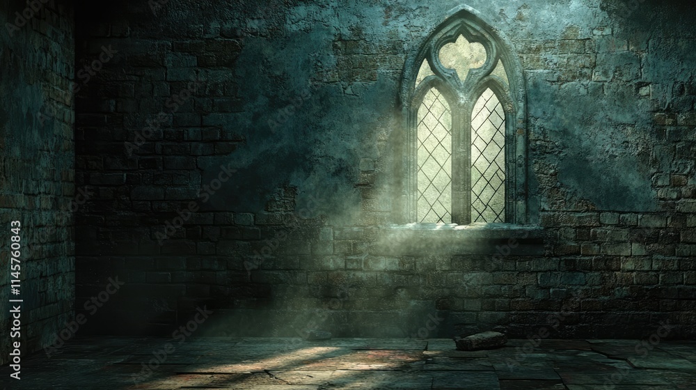 Poster mysterious atmospheric interior with an old stone wall and gothic window casting soft light and shad