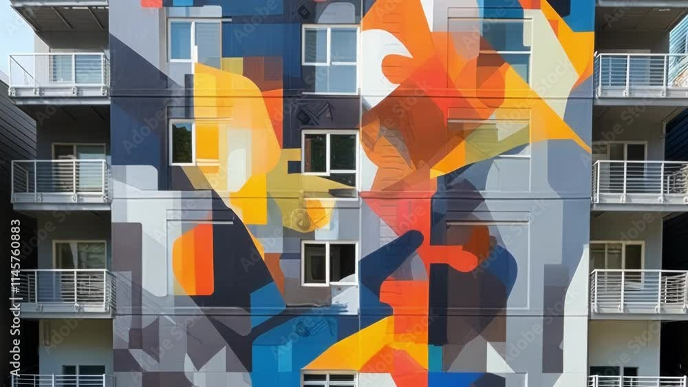 Poster multi story building featuring a large, colorful mural with abstract shapes and geometric patterns, 