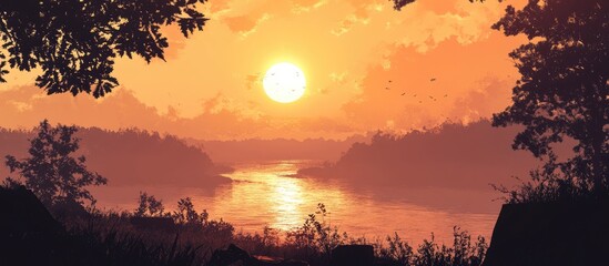 Silhouette of a skyline at sunset reflected on a calm river creating a serene and picturesque evening landscape scene.