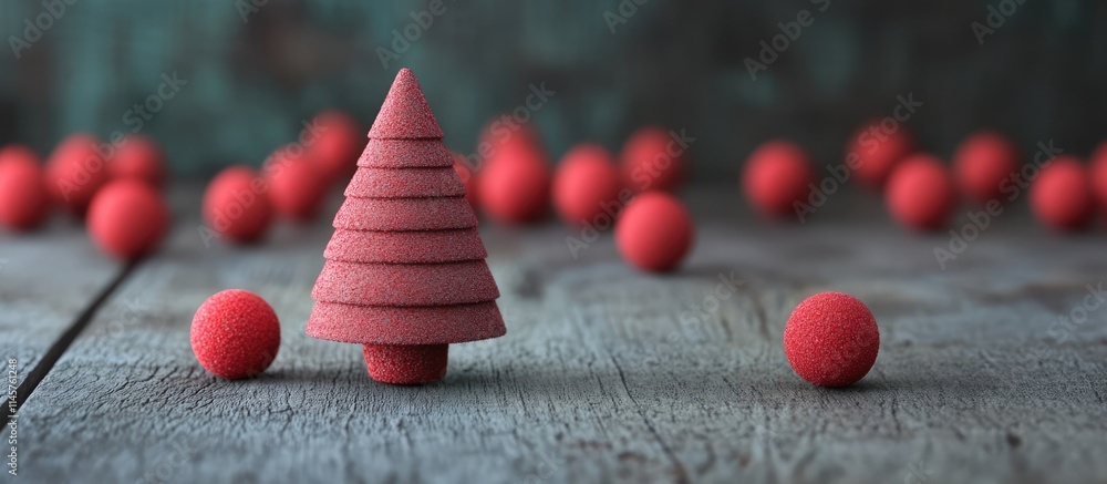 Poster festive wooden christmas tree with red ornaments on rustic surface creating a warm holiday atmospher