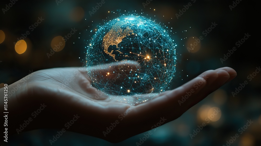 Wall mural hand with a global network wireframe showcasing technology and future, highlighting digital transfor