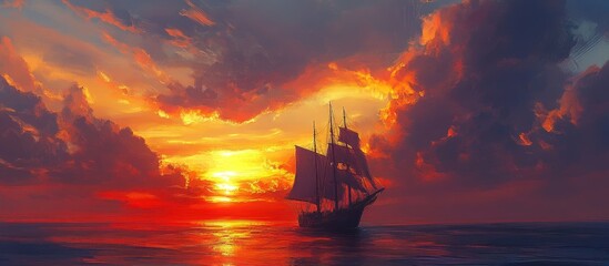 Obraz premium Majestic ship sailing toward a vibrant sunset with dramatic clouds reflecting warm colors on the ocean surface.