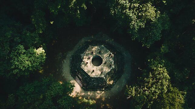 Aerial view of a heptagonal stone structure in a forest.