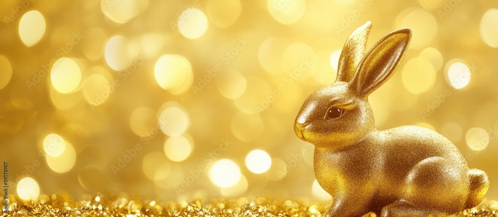 Poster golden metallic easter bunny against a shimmering golden backdrop with soft yellow bokeh creating a 