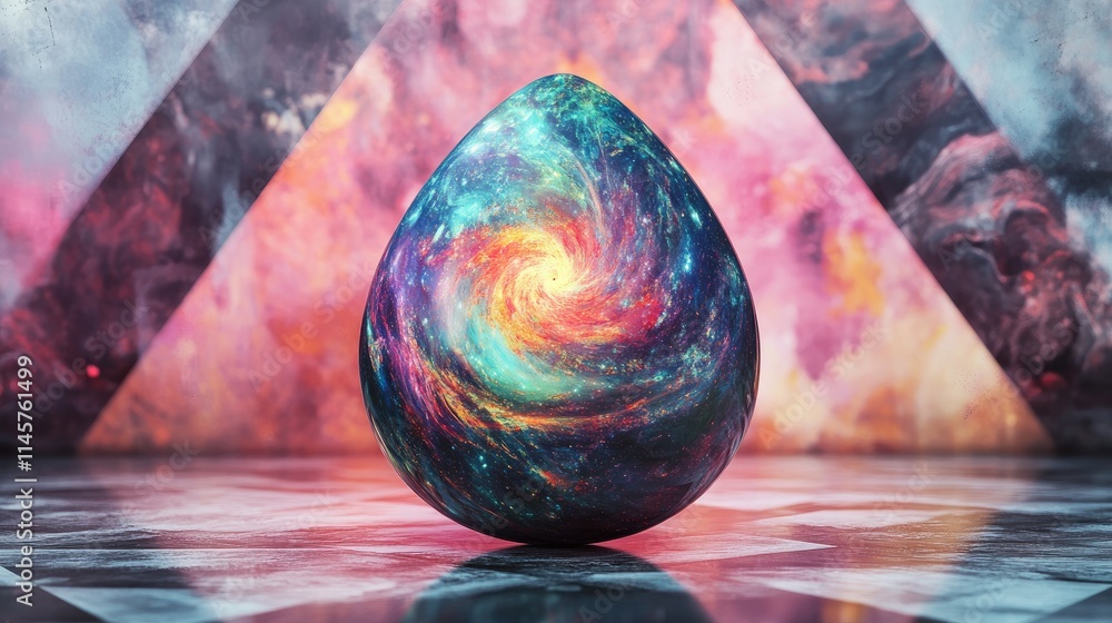 Poster cosmic patterned dragon egg on geometric triangle background depicting minimal and surreal artwork w