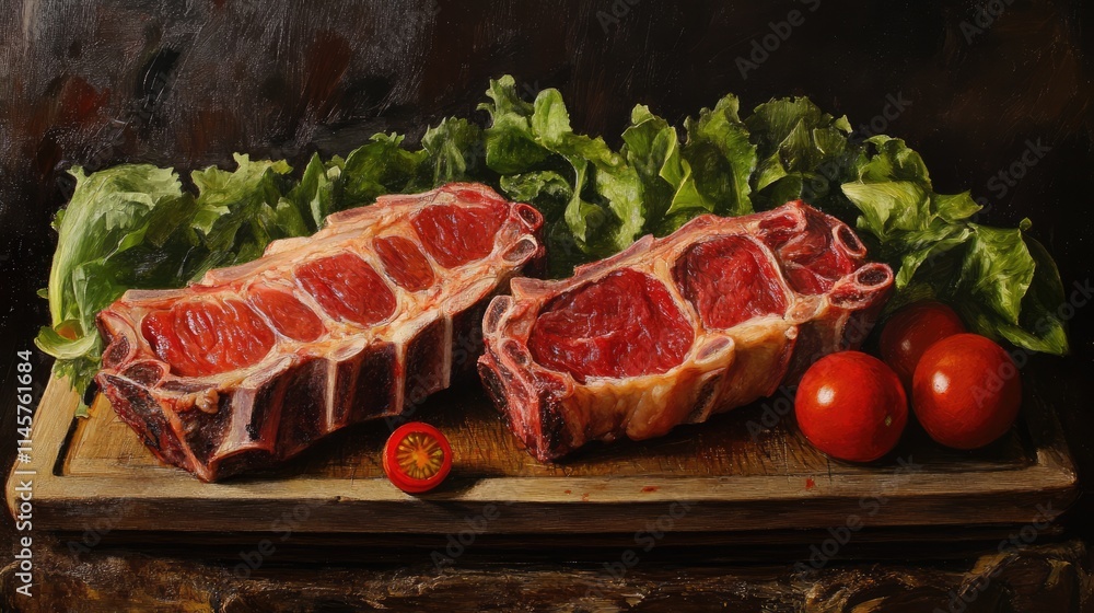 Poster meat cuts displayed on a wooden cutting board with fresh lettuce and ripe tomatoes creating a rustic